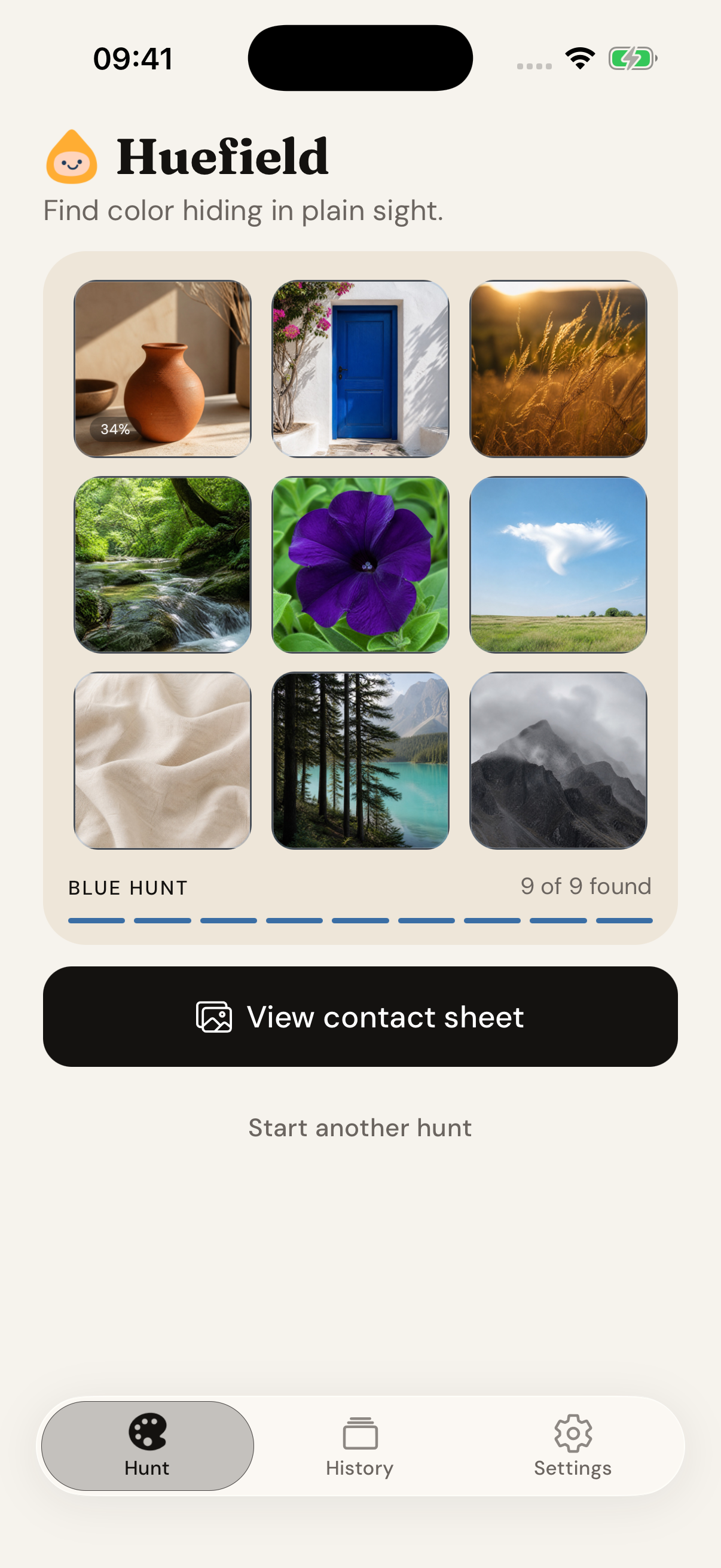A completed nine-photo color hunt in the Huefield iPhone app